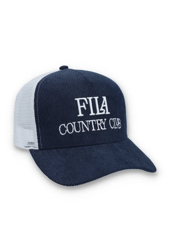 Casquette Fila Cody en velours côtelé bleu marine avec dos en maille et motif brodé