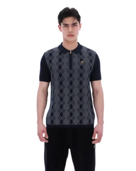 Polo noir Castello en maille jacquard avec fermeture à glissière