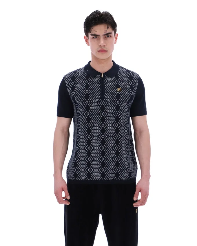 Polo noir Castello en maille jacquard avec fermeture à glissière