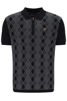 Polo noir Castello en maille jacquard avec fermeture à glissière