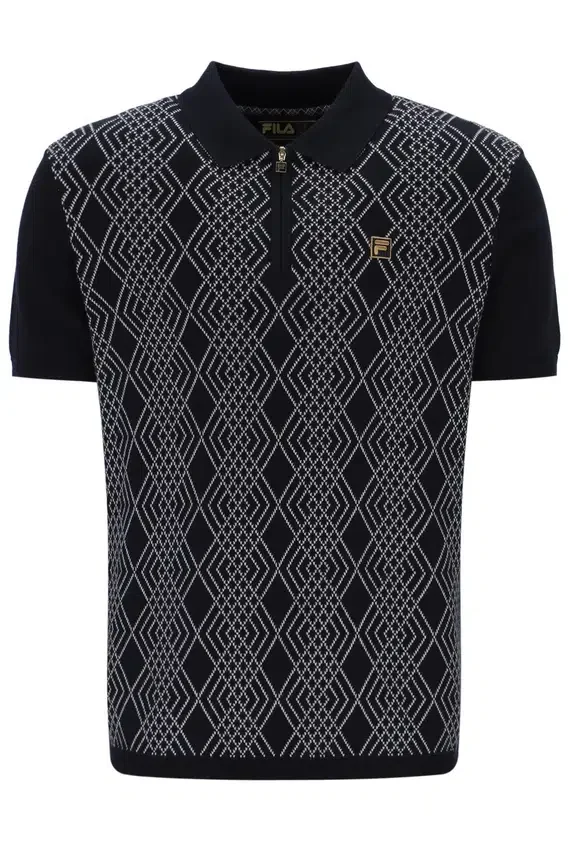 Polo noir Castello en maille jacquard avec fermeture à glissière