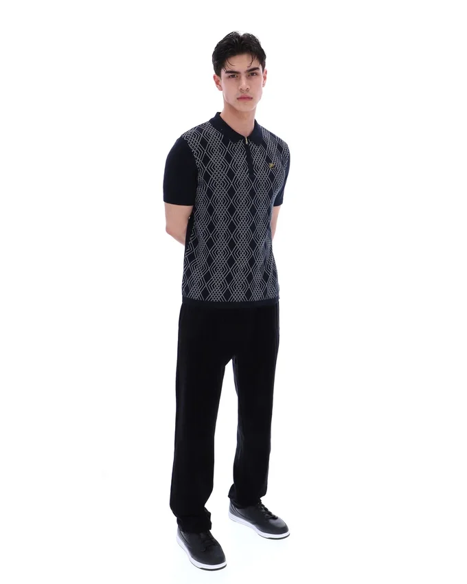 Polo noir Castello en maille jacquard avec fermeture à glissière