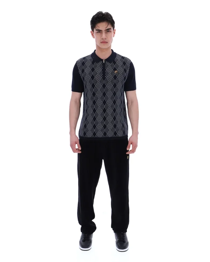 Polo noir Castello en maille jacquard avec fermeture à glissière