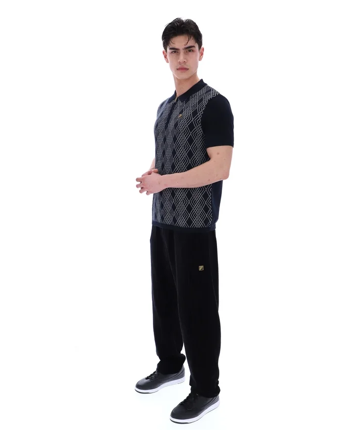 Polo noir Castello en maille jacquard avec fermeture à glissière