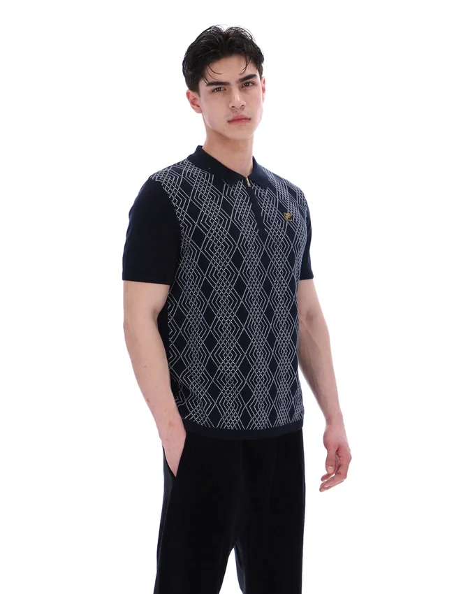 Polo noir Castello en maille jacquard avec fermeture à glissière