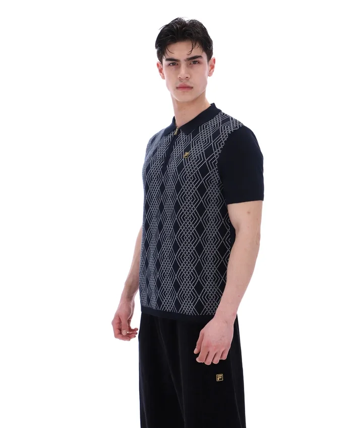 Polo noir Castello en maille jacquard avec fermeture à glissière