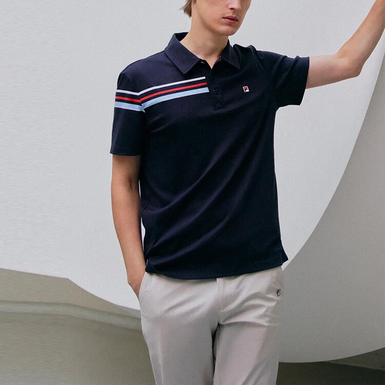 Polo sport-décontracté à manches courtes pour homme, bleu, à rayures contrastées