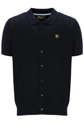 Polo Walter noir à mailles ajourées et empiècements en pointelle