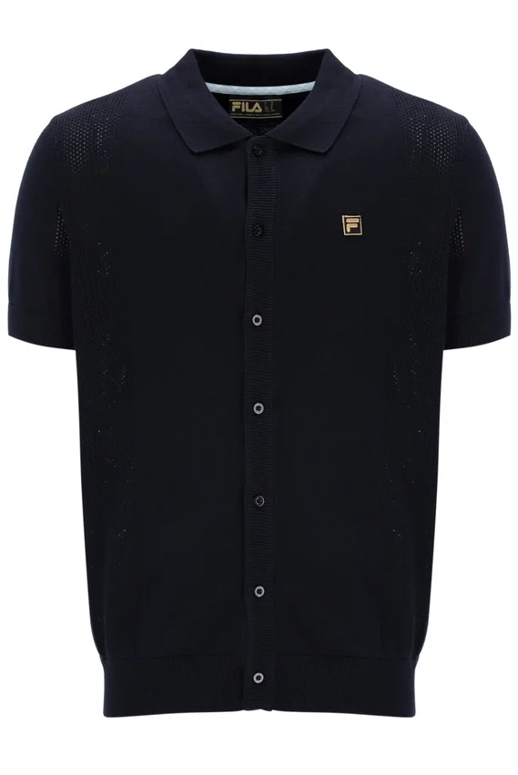 Polo Walter noir à mailles ajourées et empiècements en pointelle