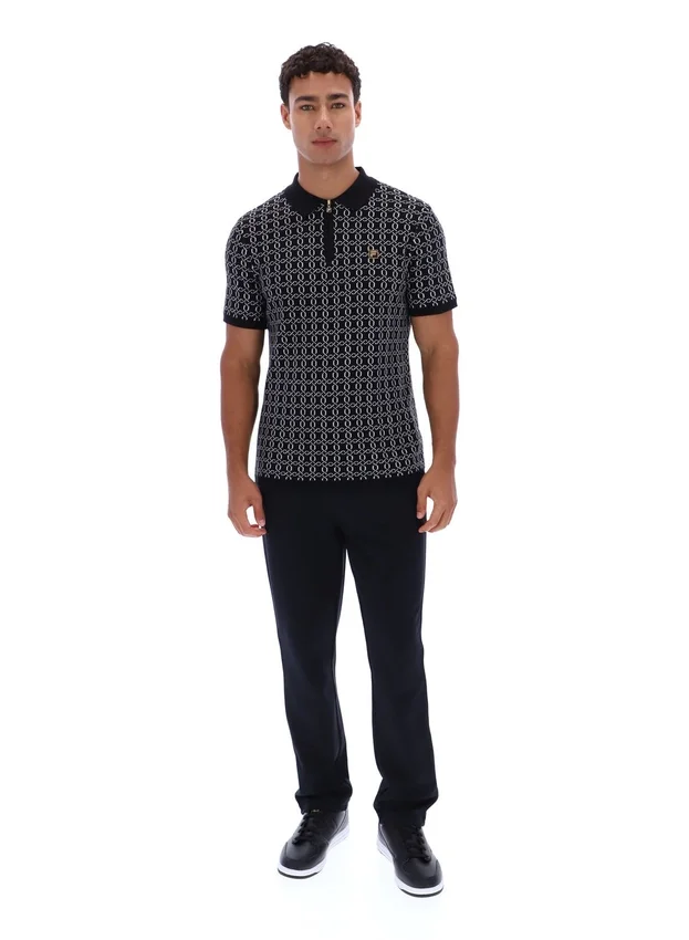 Polo zippé noir en maille jacquard Jackson