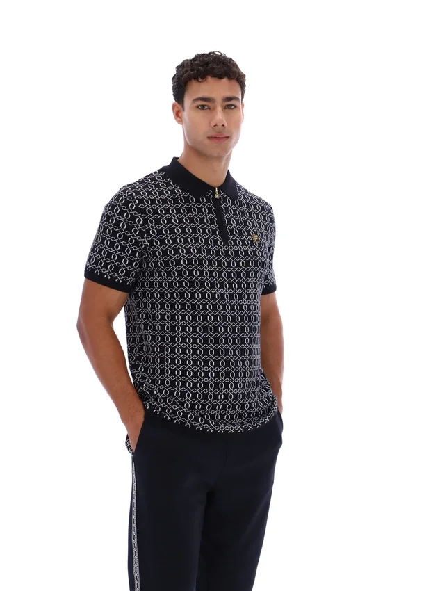Polo zippé noir en maille jacquard Jackson