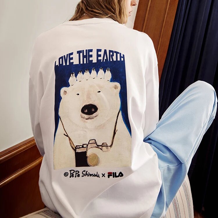 Pull de sport à col rond pour homme Fila x Pepe Shimada, imprimé cartoon, blanc