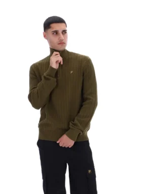 Pull en maille texturée à col cheminée et fermeture à glissière 1/4 Stevie, vert olive foncé