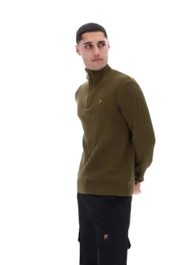 Pull en maille texturée à col cheminée et fermeture à glissière 1/4 Stevie, vert olive foncé
