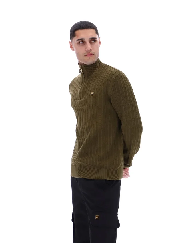Pull en maille texturée à col cheminée et fermeture à glissière 1/4 Stevie, vert olive foncé