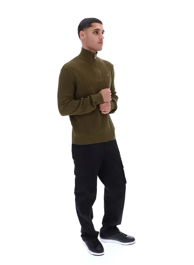 Pull en maille texturée à col cheminée et fermeture à glissière 1/4 Stevie, vert olive foncé