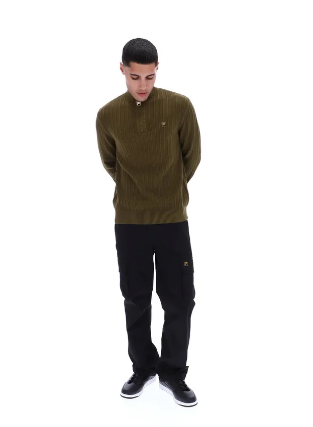 Pull en maille texturée à col cheminée et fermeture à glissière 1/4 Stevie, vert olive foncé