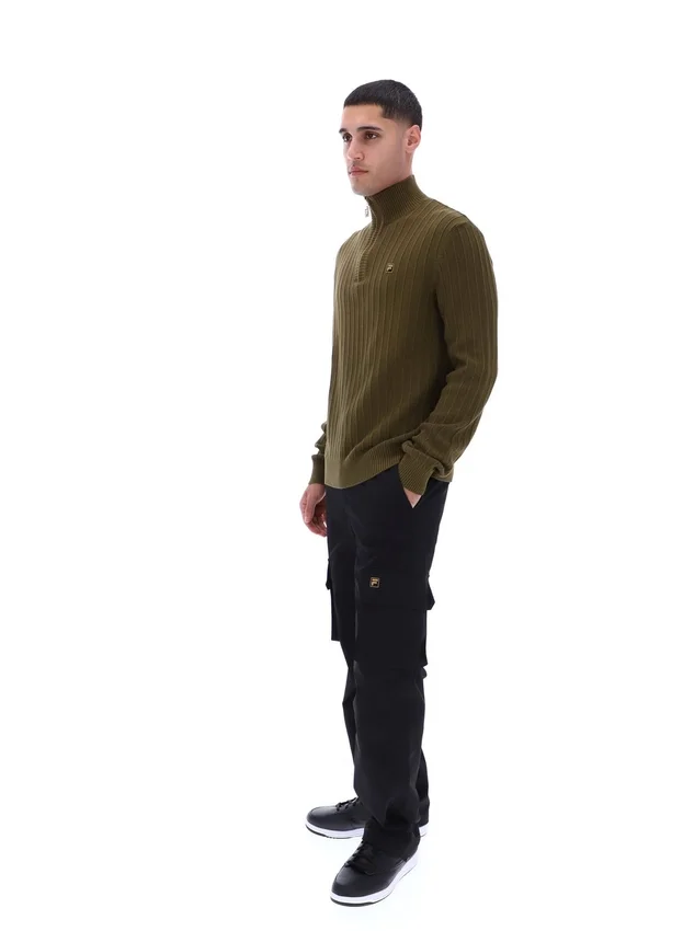 Pull en maille texturée à col cheminée et fermeture à glissière 1/4 Stevie, vert olive foncé
