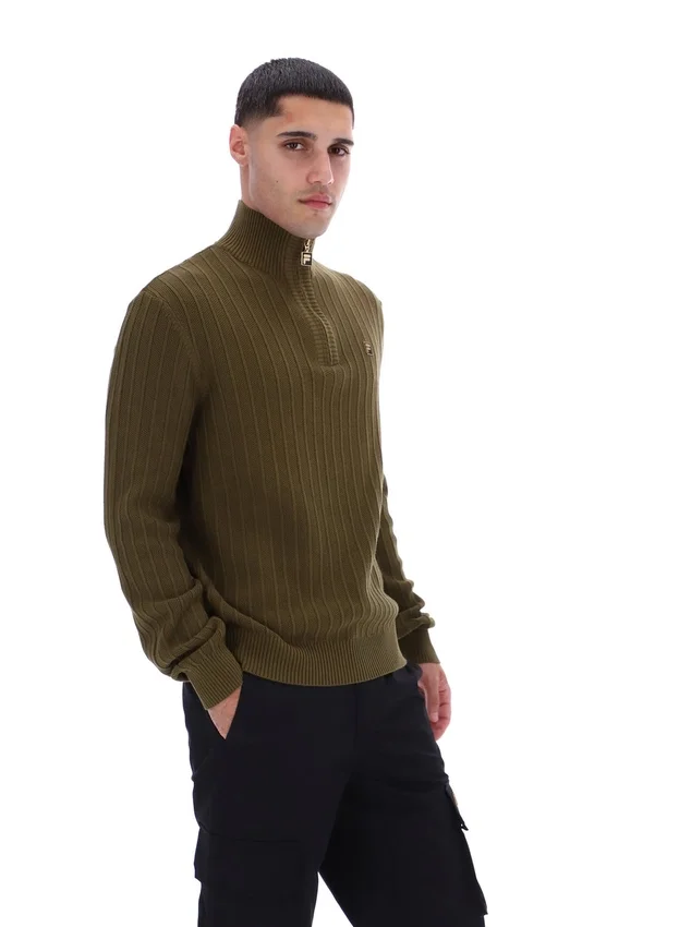 Pull en maille texturée à col cheminée et fermeture à glissière 1/4 Stevie, vert olive foncé