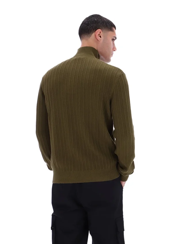 Pull en maille texturée à col cheminée et fermeture à glissière 1/4 Stevie, vert olive foncé