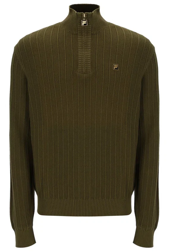 Pull en maille texturée à col cheminée et fermeture à glissière 1/4 Stevie, vert olive foncé