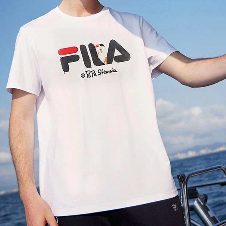 T-shirt blanc à manches courtes Fila x Pepe Shimada pour homme, style décontracté, respirant, imprimé, pour le sport