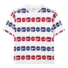 T-shirt de sport ample à col rond et manches courtes, imprimé logo intégral, blanc