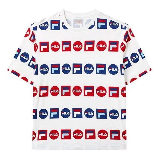 T-shirt de sport ample à col rond et manches courtes, imprimé logo intégral, blanc
