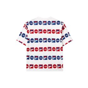T-shirt de sport ample à col rond et manches courtes, imprimé logo intégral, blanc