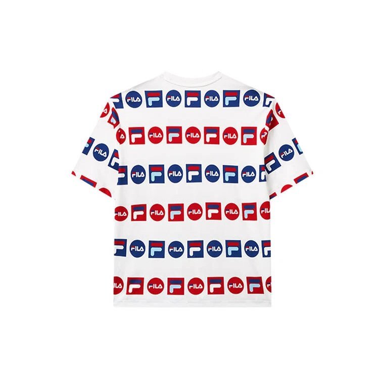 T-shirt de sport ample à col rond et manches courtes, imprimé logo intégral, blanc