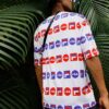 T-shirt de sport ample à col rond et manches courtes, imprimé logo intégral, blanc