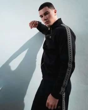 Veste Roman noire à fermeture éclair intégrale avec bande décorative